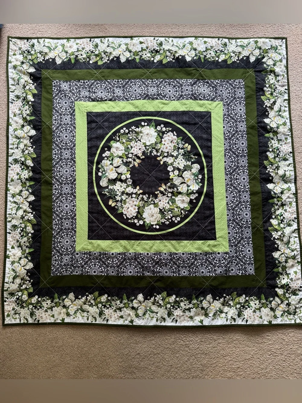 Butterfly Green Black White Bouquet Pattern Northcott Fabrics Lap Quilt 49”